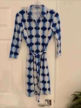 Blue Geometric Shirt Dress with Tie Waist